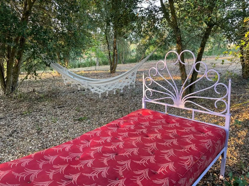 Rede estendida entre árvores num recanto do jardim